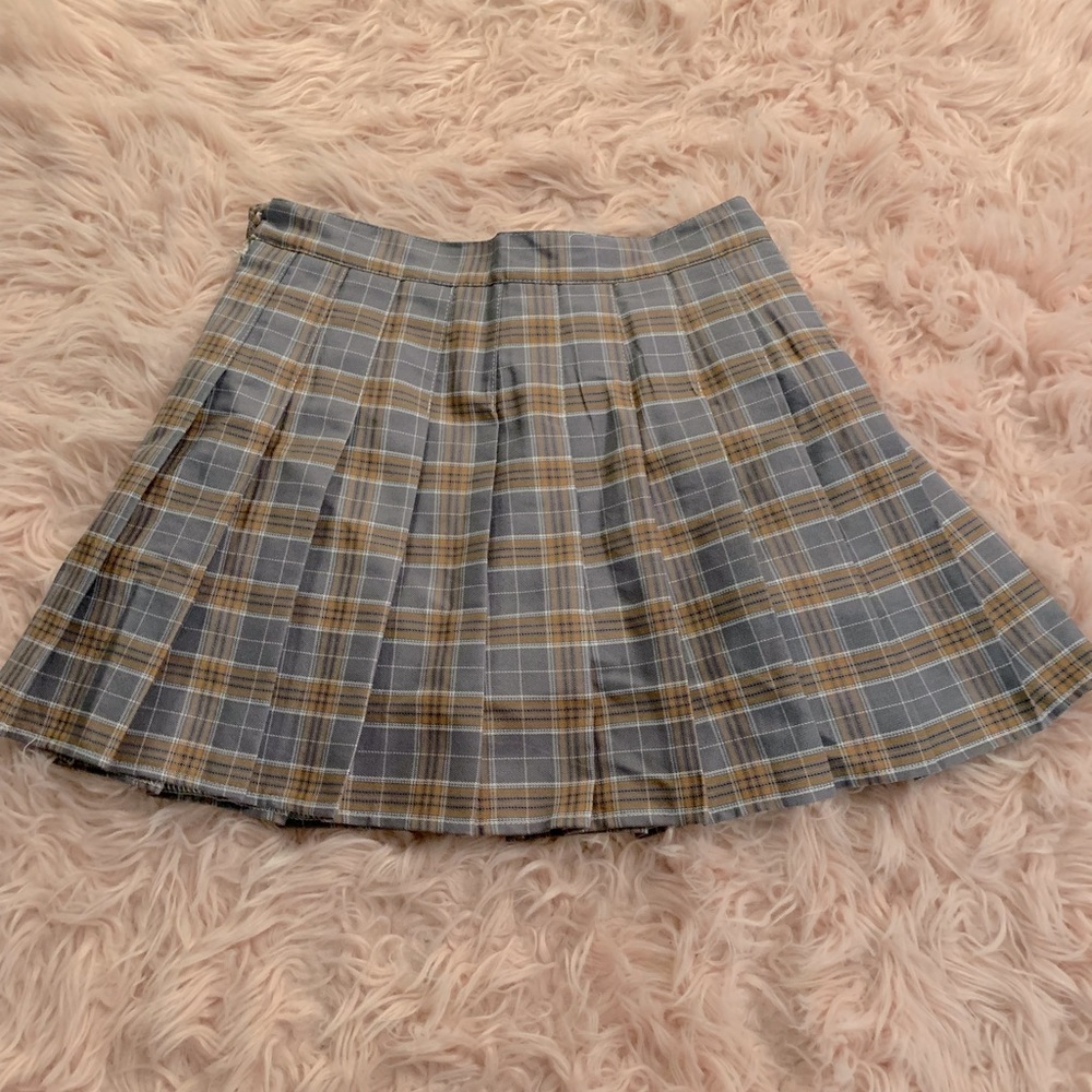 grey and orange pleated skirt kawaii plaid skirt with stripes skater mini skirt